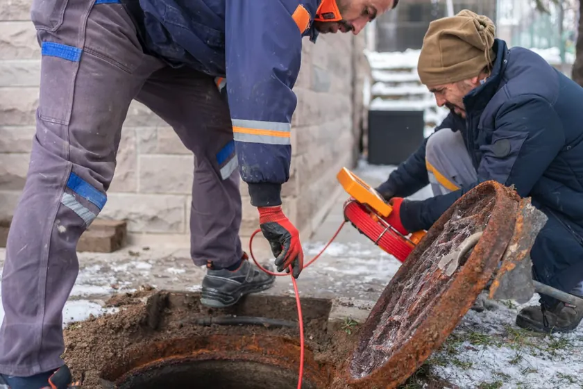 Drain cleaning equipment is used at a pipe access point to clear buildup near Los Cerritos Center Area, Cerritos, CA on Plumber near the Cerritos Mall Area, CA